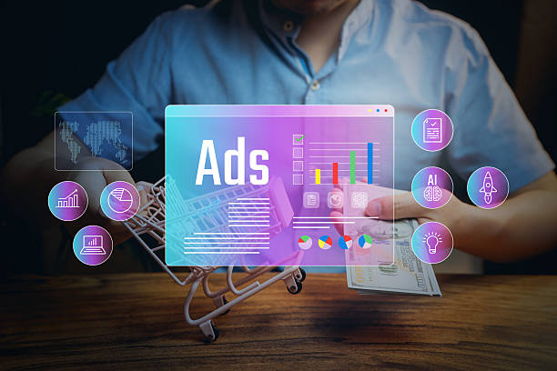 Digital ads dashboard with shopping cart, marketing analytics, consumer behavior insight, conversion optimization, business growth planning, online commerce strategy, advertising concept